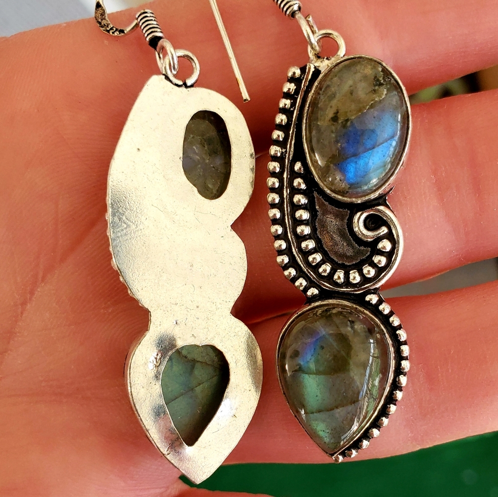 New Huge Multi Labradorite 925 Silver Earrings.